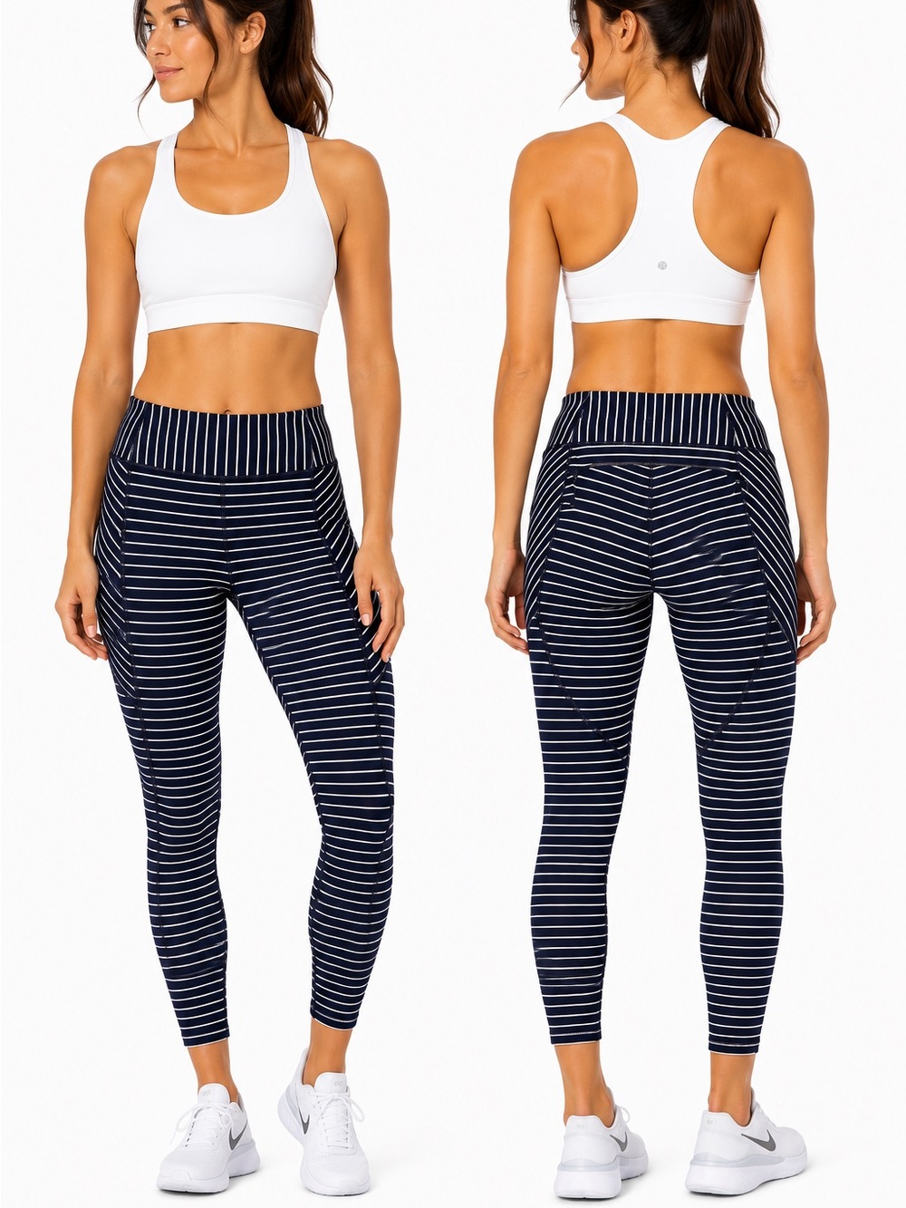 Athleta High Rise Striped 7/8 Leggings Navy White